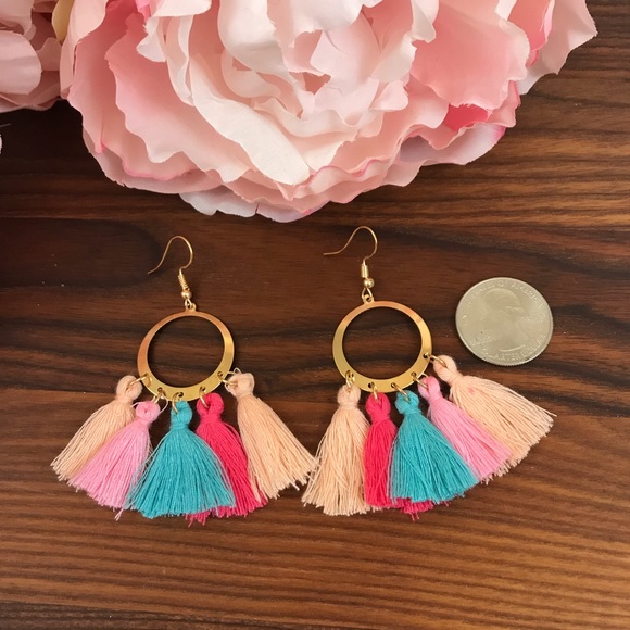 Bohemian Gold Dangle Earrings Multi Colored Tassel - Picture 5 of 5